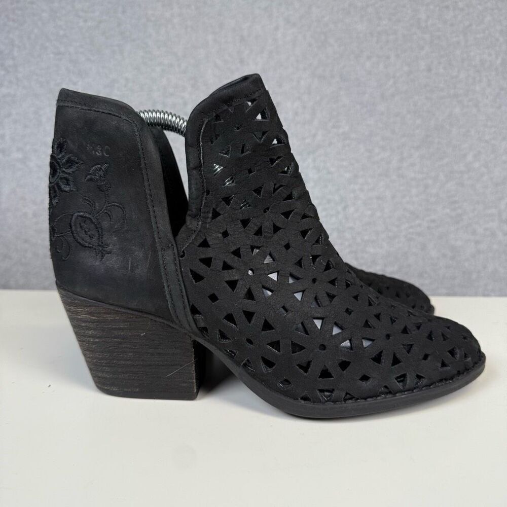 Musse + Cloud Women's 8 Ame Black Leather Floral Embroidered Heeled Boots Bootie